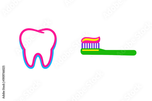 Tooth and toothbrush graphic with bright colors showing dental care symbols in a fun style