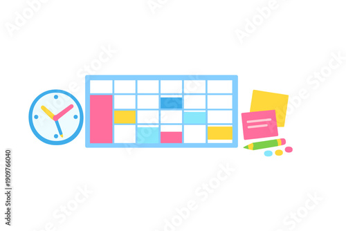 Planning and scheduling tools displayed with a clock, calendar, sticky notes, and markers on a white background for better time management and organization purposes