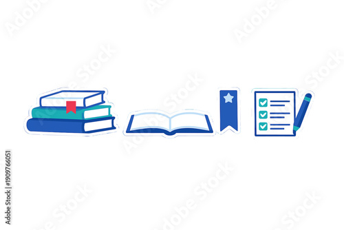 Learning tools and resources are arranged on a flat surface showing books, an open book, a checklist, and a bookmark for study and organization needs