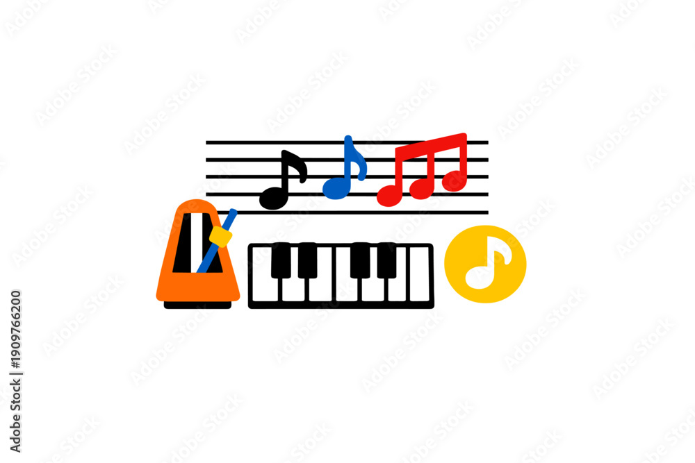 Fototapeta premium Learning music with notes, a metronome, and a keyboard at a music class during the afternoon