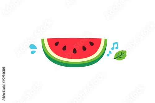 Watermelon slice with musical notes and droplets on a white background showing summer vibes and joy