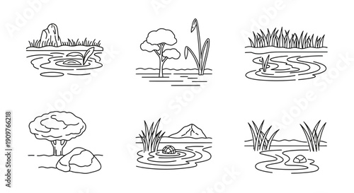 Set of linear icons depicting various natural water bodies and landscapes with plants and rocks.