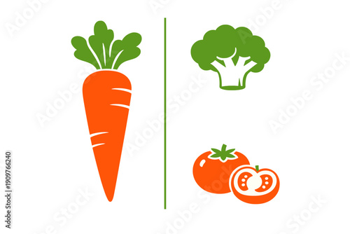 Different types of vegetables are shown with a carrot on the left, broccoli above two tomatoes on the right, all in a simple design without background details