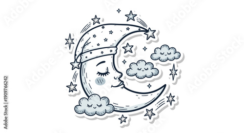 Cute sleeping moon with stars and clouds in a whimsical night scene
