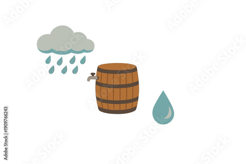 Rain falls into a wooden barrel and a drop of water represents the collection of rainwater for later use by people or plants