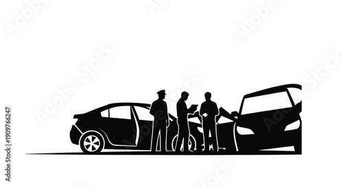 Silhouette of a car accident scene with police and bystanders observing