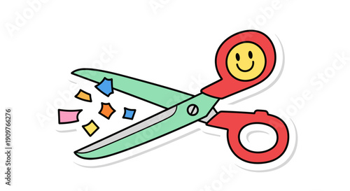 Illustration of scissors cutting colorful paper with a smiley face
