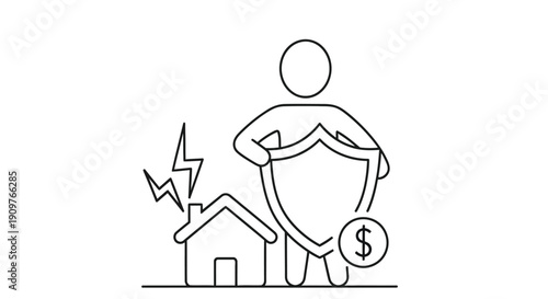 Line drawing depicting home insurance protection with a person and shield