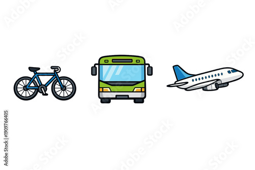This illustration displays three distinct modes of transport including a blue bicycle, a green bus, and a white airplane. The icons are set against a plain black background.