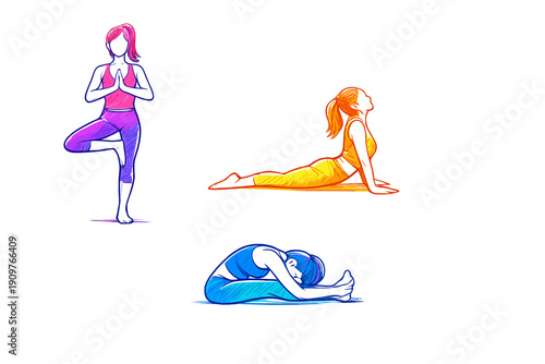 Vibrant illustrations of women performing various yoga positions like tree pose and cobra pose. The artwork features a sketchy style with bright gradient colors on a dark background.