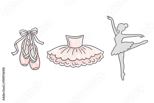 A set of ballet-themed illustrations featuring pink pointe shoes with ribbons, a ruffled pink tutu dress, and a grey silhouette of a ballerina dancing on a solid black background.