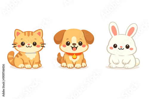Three cute cartoon animals including a ginger cat, a brown puppy with a collar, and a white rabbit are sitting in a row against a solid black background in a kawaii illustration style.