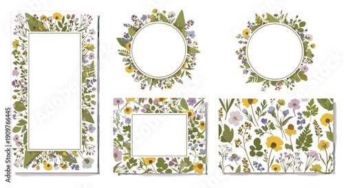 Set of floral frames and borders with colorful botanical designs