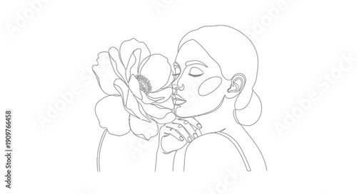 Woman smelling flower with closed eyes in elegant line art style