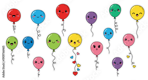Colorful balloons floating in the air with cheerful expressions