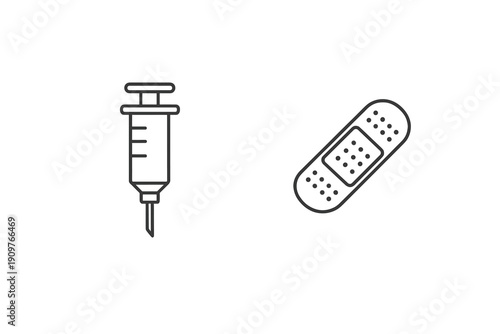 A minimalist black and white line art illustration featuring a medical syringe and an adhesive bandage plaster isolated on a solid black background. Simple vector style.