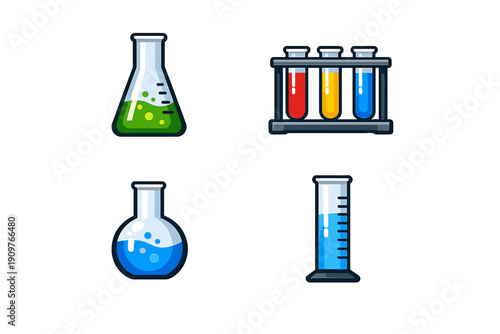 A set of four laboratory glassware icons including an Erlenmeyer flask, test tubes in a rack, a round-bottom flask, and a graduated cylinder, all filled with colorful liquids.