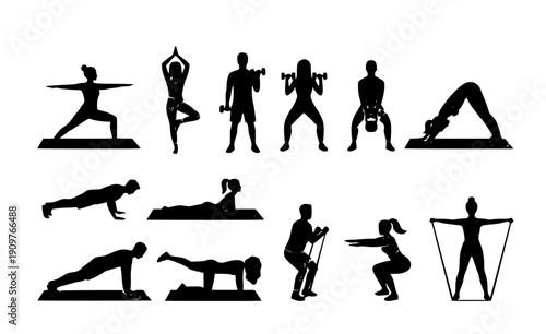 Home Fitness and Workout Flat Design Set - Diverse People Exercising and Yoga Vector Graphics Isolated on White