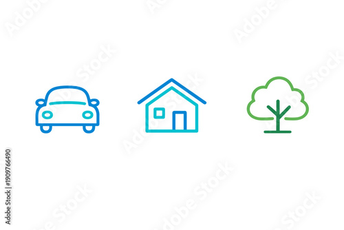 Three minimalist line icons representing a blue car, a blue and teal house, and a green tree are displayed horizontally against a solid black background in a flat design style.