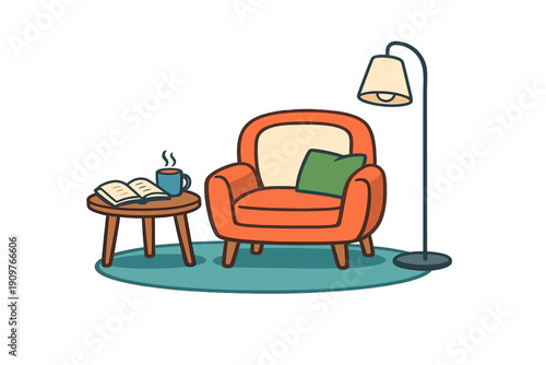 A cozy reading nook illustration featuring an orange armchair with a green pillow, a wooden side table with an open book and a steaming mug, and a floor lamp on a teal rug.