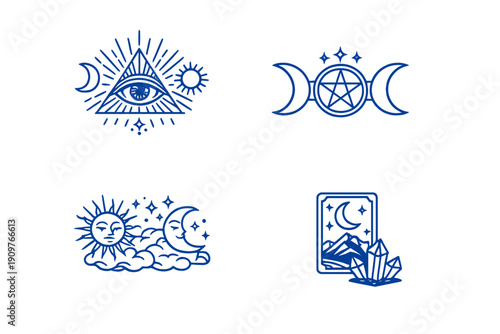 A set of four blue mystical line art icons on a black background featuring an all-seeing eye, triple moon pentagram, sun and moon faces, and a tarot card with crystals.