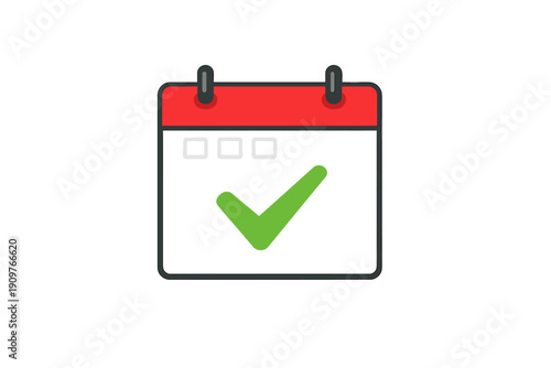 A graphic illustration of a calendar icon featuring a red top and a black body with a large green checkmark in the center, symbolizing a completed task or scheduled event.