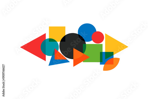 A collection of colorful geometric shapes including circles, triangles, and squares overlaps on a solid black background. The abstract composition features vibrant primary and secondary colors.