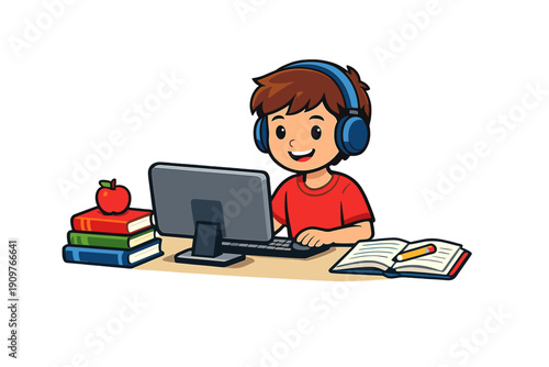 A cartoon boy wearing blue headphones sits at a desk using a computer. He is surrounded by a stack of books with an apple on top and an open notebook with a pencil on a black background.