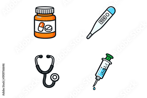 A collection of four medical icons including a pill bottle, a digital thermometer, a stethoscope, and a syringe with a needle, all set against a solid black background.