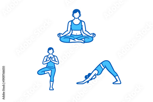 A collection of three blue minimalist icons depicting a woman in various yoga positions such as meditation, tree pose, and downward dog, isolated on a black background.