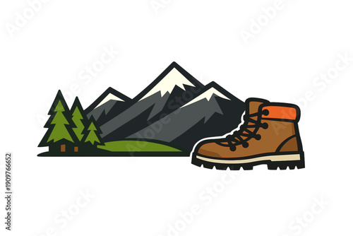 A flat vector illustration featuring a brown hiking boot positioned in front of a scenic mountain range with snow-capped peaks and green pine trees on a black background.