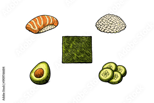 An illustration of sushi ingredients including salmon nigiri, a pile of white rice, a square of nori seaweed, half an avocado, and sliced cucumbers on a solid black background.
