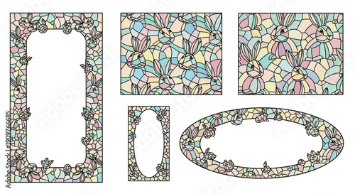 Set of decorative stained glass frames and borders with floral designs