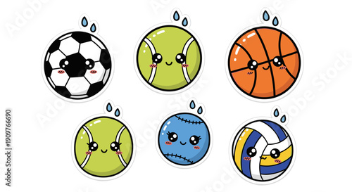 Set of cartoon soccer balls and tennis ball with expressive faces