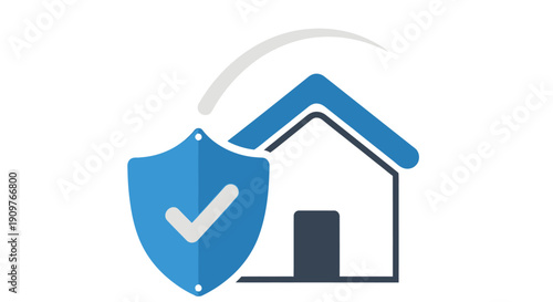 Home security icon A blue house outline protected by a shield with a checkmark