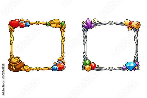 Two decorative fantasy game frames on a black background. One frame is gold with coins, potions, and a heart. The other is silver with crystals, gems, and a magic scroll.