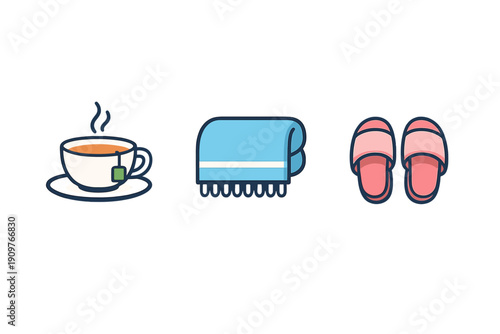 A flat vector illustration featuring a steaming cup of tea on a saucer, a folded blue towel with fringe, and a pair of pink slippers, all set against a solid black background.