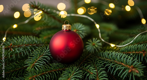 Wallpaper Mural Red Christmas Ornament Nestled in Evergreen Pine Branches with Golden Bokeh Lights Torontodigital.ca