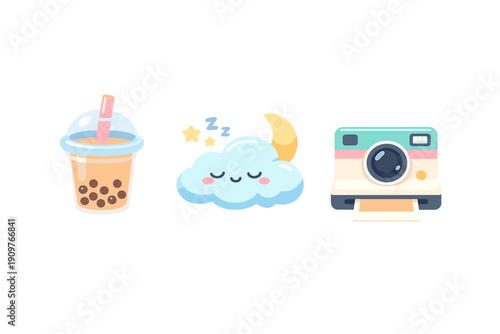 Three cute cartoon icons featuring a cup of bubble tea with pearls, a sleeping cloud with a moon and stars, and an instant camera printing a photo on a black background.