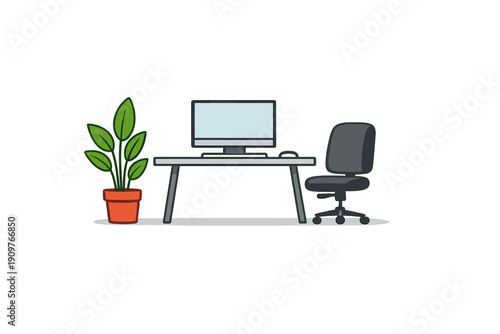 A minimalist vector illustration of a modern workspace featuring a computer monitor on a desk, an office chair, and a green potted plant against a dark background.