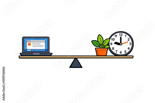This flat illustration features a laptop on one side of a seesaw balanced against a potted plant and a clock on the other side, symbolizing work-life harmony on a dark background.