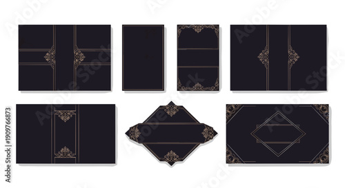 Set of vintage black leatherbound books with gold detailing and ornate covers