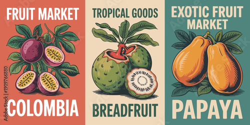Colombia Fruit Market Poster, tropical passion fruits with vibrant foliage retro botanical illustration