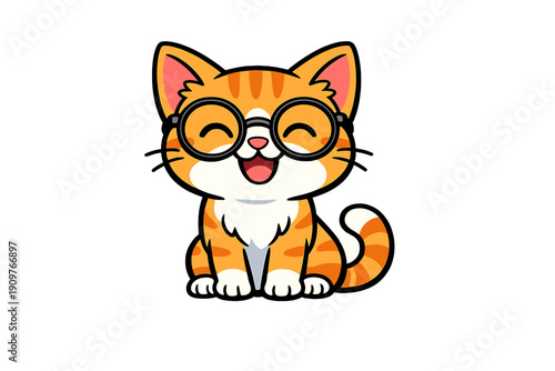 A cute cartoon ginger cat with orange stripes and white fur wearing large round black glasses. The happy kitten is sitting and smiling with its eyes closed on a black background.