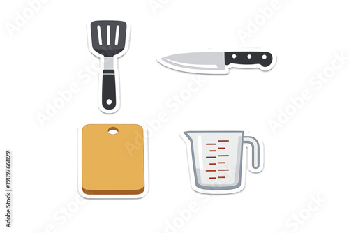 A collection of four kitchen utensil stickers including a spatula, a chef knife, a wooden cutting board, and a measuring cup, all featuring white borders on a black background.