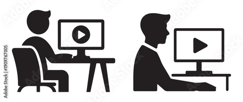 People Watching Video on Computer Icon Set