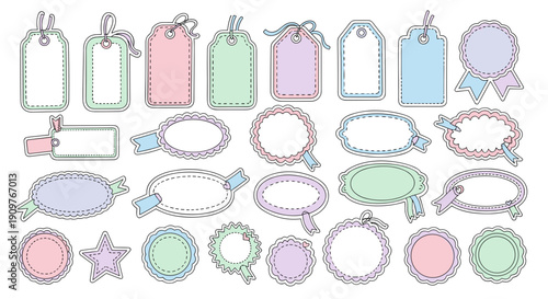 Collection of colorful gift tags and decorative labels for presents