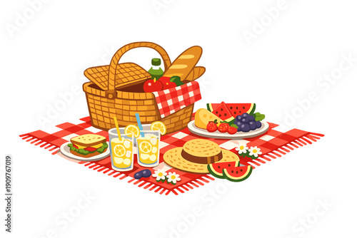 A colorful illustration of a picnic setup on a red checkered blanket featuring a basket filled with food, lemonade glasses, a sandwich, fresh fruit, and a straw hat on a black background.