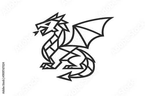 A minimalist geometric line art illustration of a mythical dragon creature. The design features sharp angular lines forming the body, wings, and tail of the beast on a dark background.