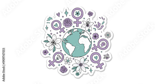 Global female empowerment concept with symbols and earth illustration